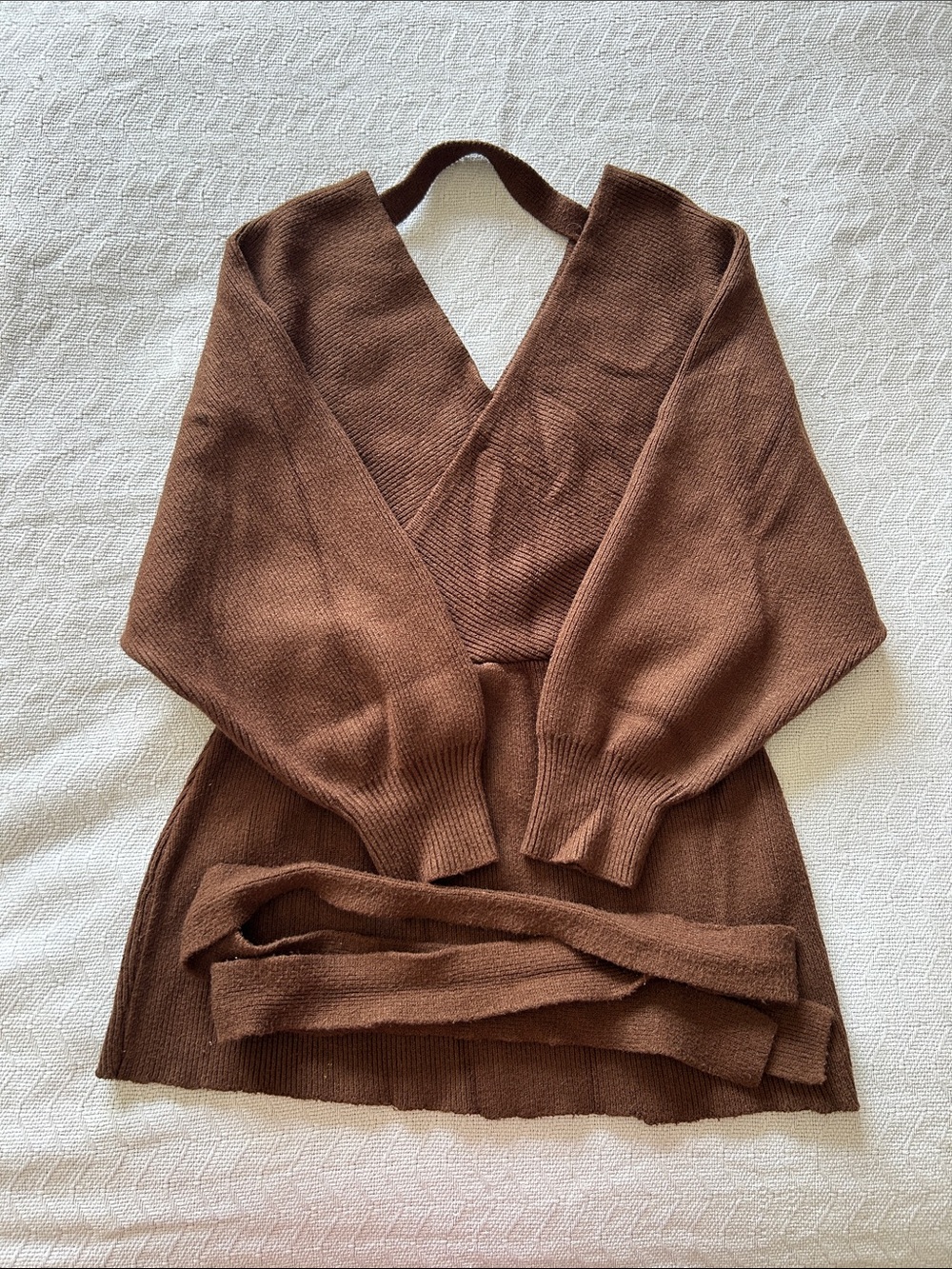 Fashion Nova Brown Deep V-Neck Wrap Knit Sweater